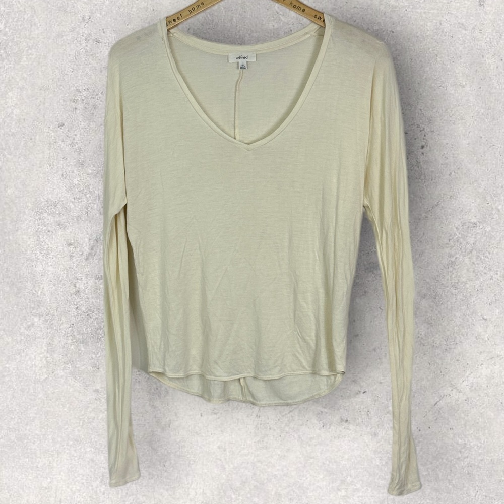 Aritzia Wilfred Cream Long Sleeve T-Shirt Size XS Rayon Minimalist Tee Top 54285